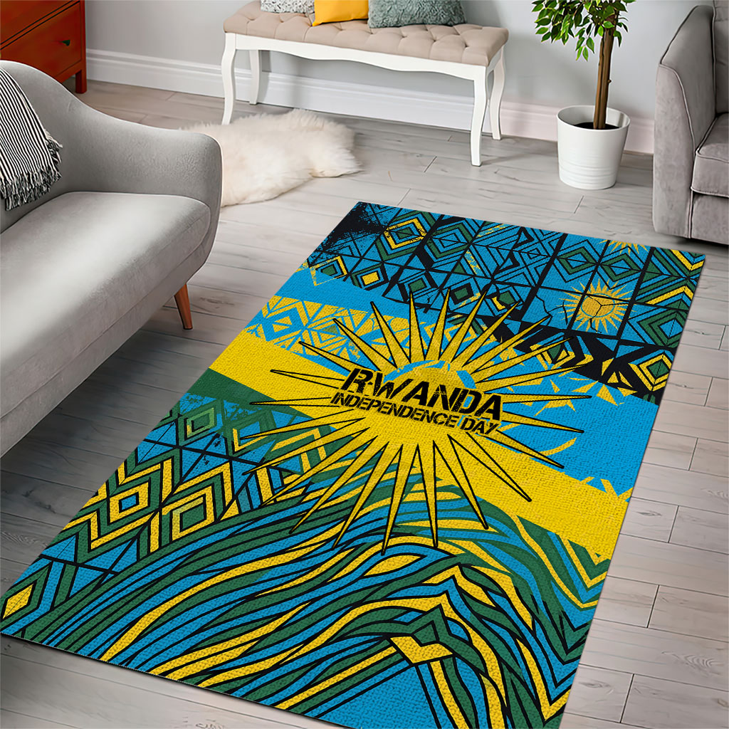 Rwanda Independence Day Area Rug Tribal Geometric Pattern - National Coat Of Arms And Sunburst