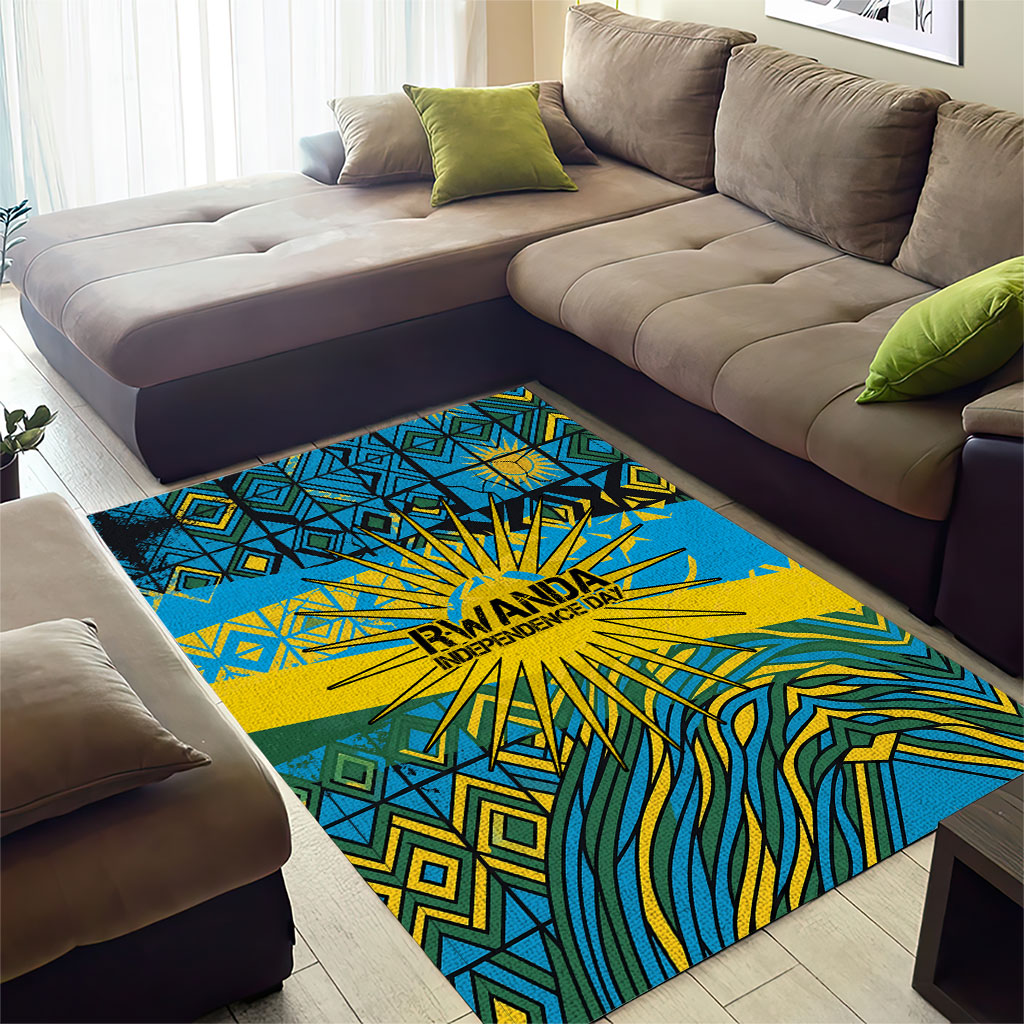 Rwanda Independence Day Area Rug Tribal Geometric Pattern - National Coat Of Arms And Sunburst