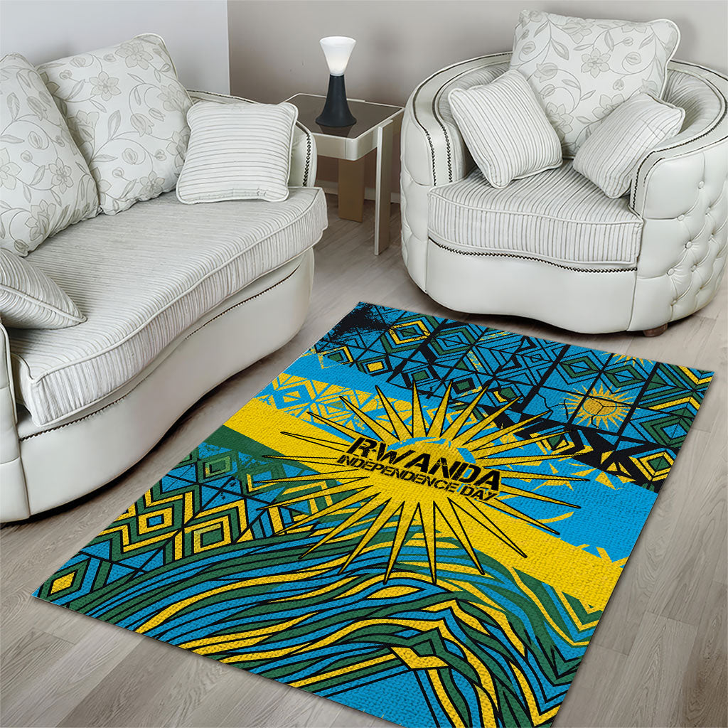 Rwanda Independence Day Area Rug Tribal Geometric Pattern - National Coat Of Arms And Sunburst