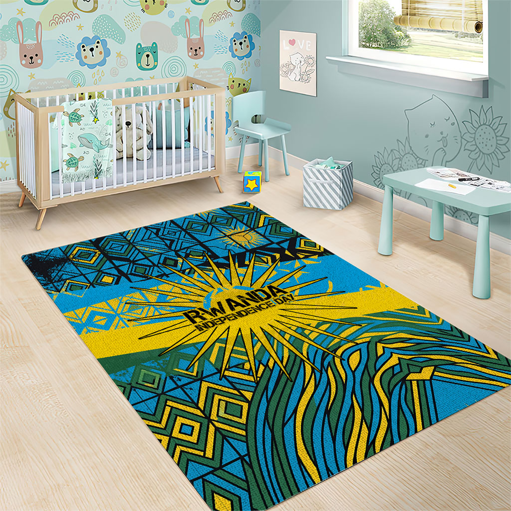 Rwanda Independence Day Area Rug Tribal Geometric Pattern - National Coat Of Arms And Sunburst