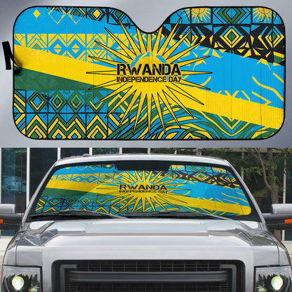 Rwanda Independence Day Auto Sun Shade Tribal Geometric Pattern - National Coat Of Arms And Sunburst