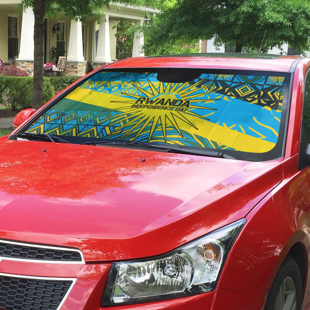 Rwanda Independence Day Auto Sun Shade Tribal Geometric Pattern - National Coat Of Arms And Sunburst