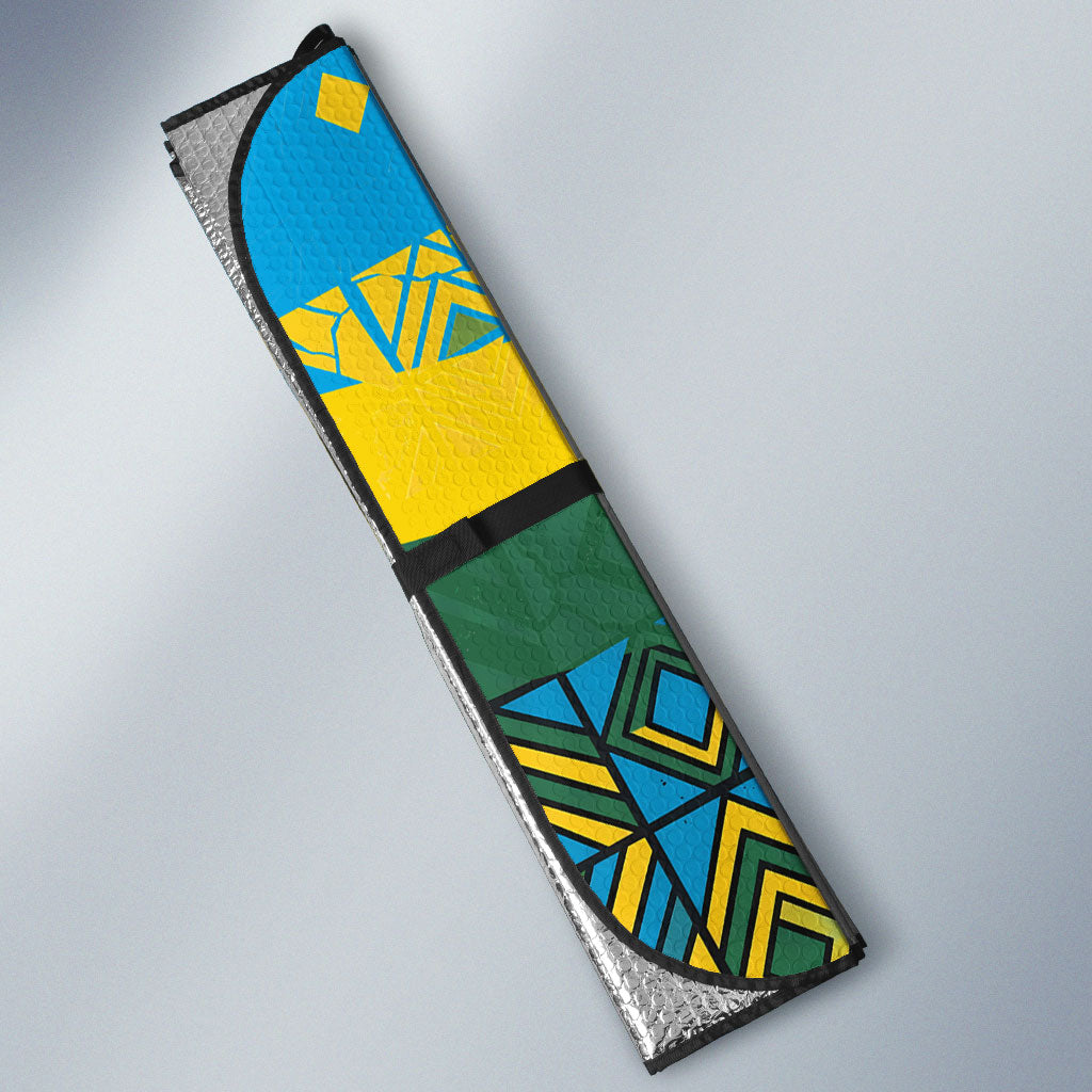 Rwanda Independence Day Auto Sun Shade Tribal Geometric Pattern - National Coat Of Arms And Sunburst