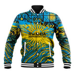 Rwanda Independence Day Baseball Jacket Tribal Geometric Pattern - National Coat Of Arms And Sunburst