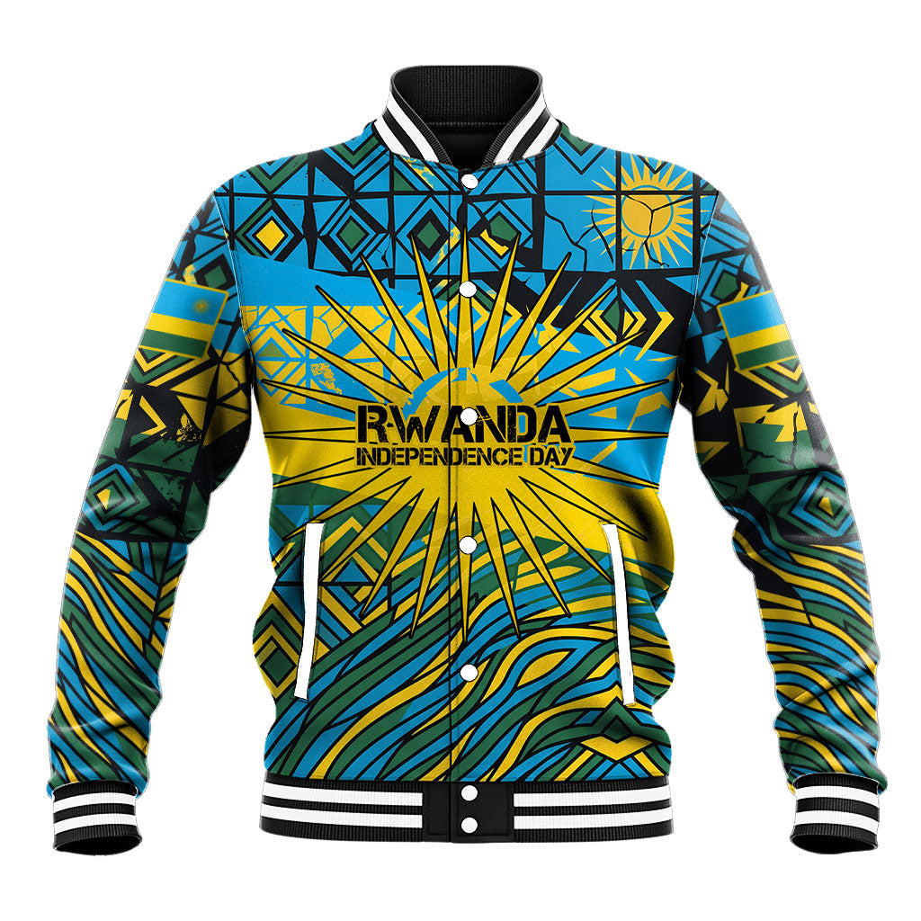 Rwanda Independence Day Baseball Jacket Tribal Geometric Pattern - National Coat Of Arms And Sunburst
