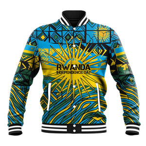 Rwanda Independence Day Baseball Jacket Tribal Geometric Pattern - National Coat Of Arms And Sunburst