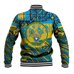Rwanda Independence Day Baseball Jacket Tribal Geometric Pattern - National Coat Of Arms And Sunburst
