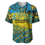 Rwanda Independence Day Baseball Jersey Tribal Geometric Pattern - National Coat Of Arms And Sunburst