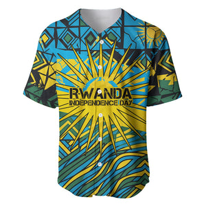 Rwanda Independence Day Baseball Jersey Tribal Geometric Pattern - National Coat Of Arms And Sunburst