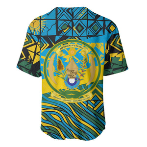 Rwanda Independence Day Baseball Jersey Tribal Geometric Pattern - National Coat Of Arms And Sunburst