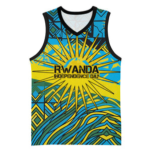Rwanda Independence Day Basketball Jersey Tribal Geometric Pattern - National Coat Of Arms And Sunburst