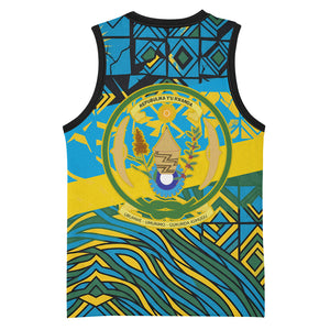 Rwanda Independence Day Basketball Jersey Tribal Geometric Pattern - National Coat Of Arms And Sunburst