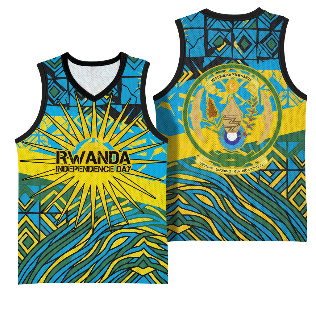Rwanda Independence Day Basketball Jersey Tribal Geometric Pattern - National Coat Of Arms And Sunburst