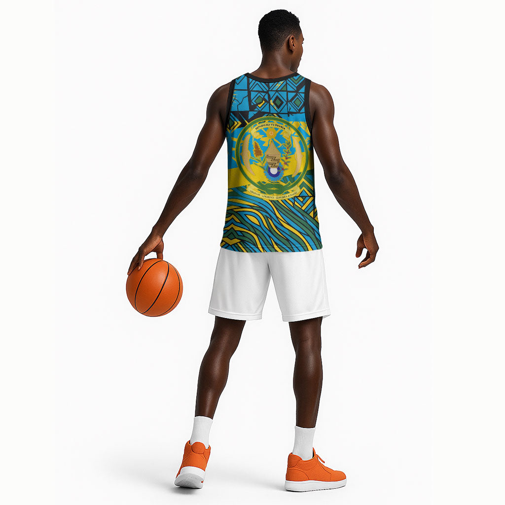 Rwanda Independence Day Basketball Jersey Tribal Geometric Pattern - National Coat Of Arms And Sunburst