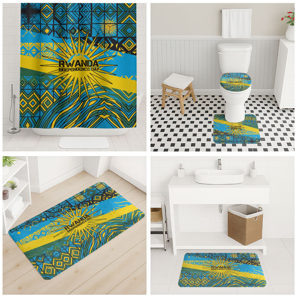 Rwanda Independence Day Bathroom Set Tribal Geometric Pattern - National Coat Of Arms And Sunburst