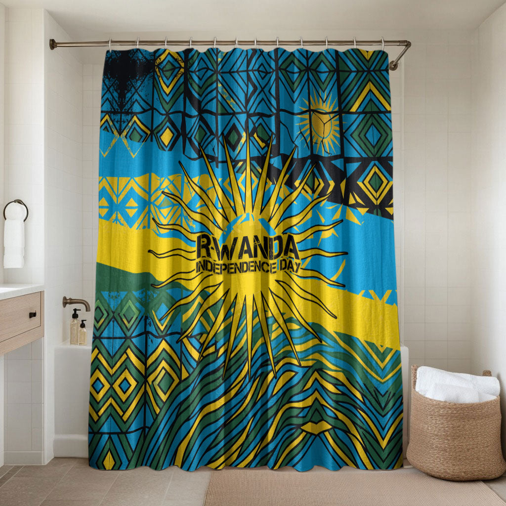 Rwanda Independence Day Bathroom Set Tribal Geometric Pattern - National Coat Of Arms And Sunburst