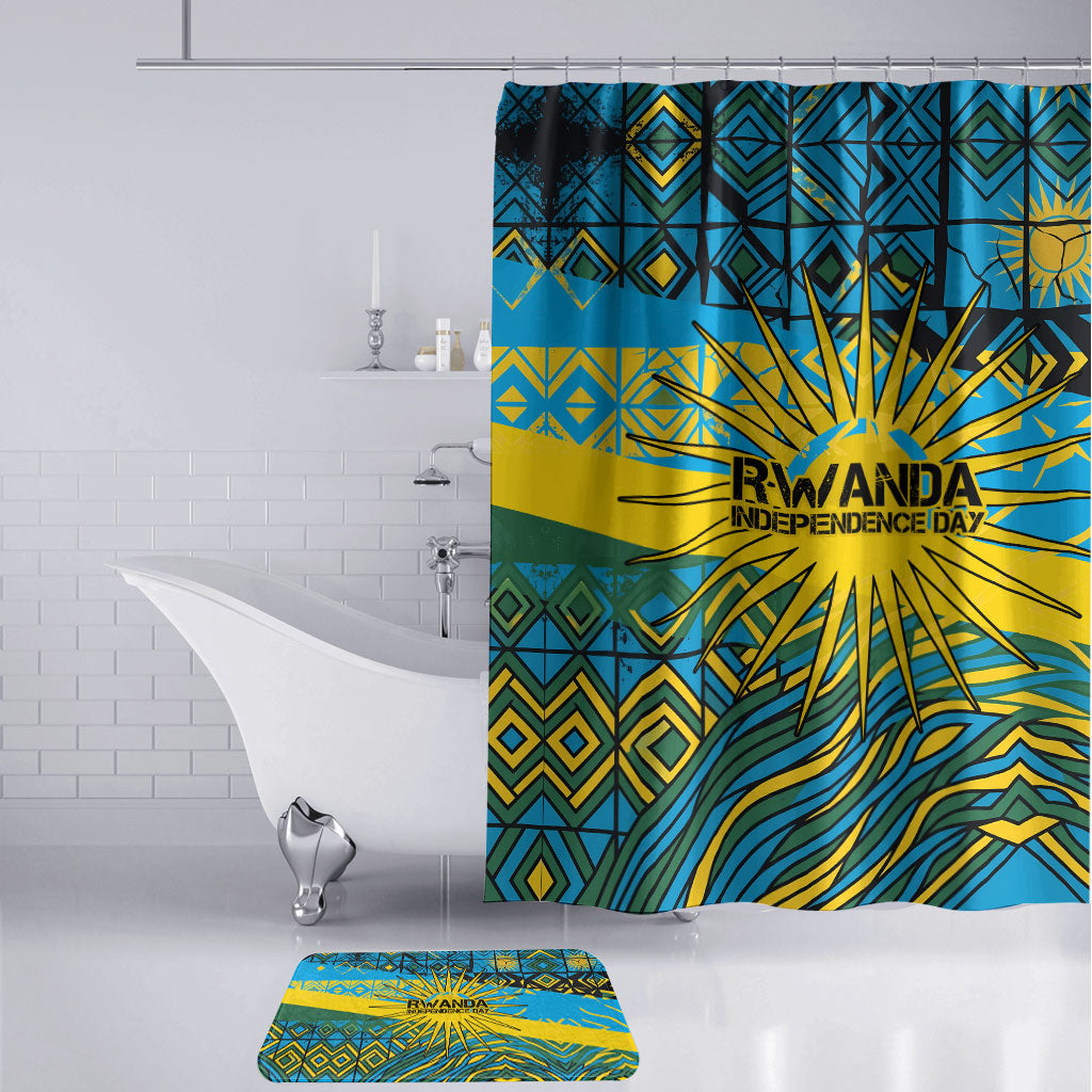 Rwanda Independence Day Bathroom Set Tribal Geometric Pattern - National Coat Of Arms And Sunburst