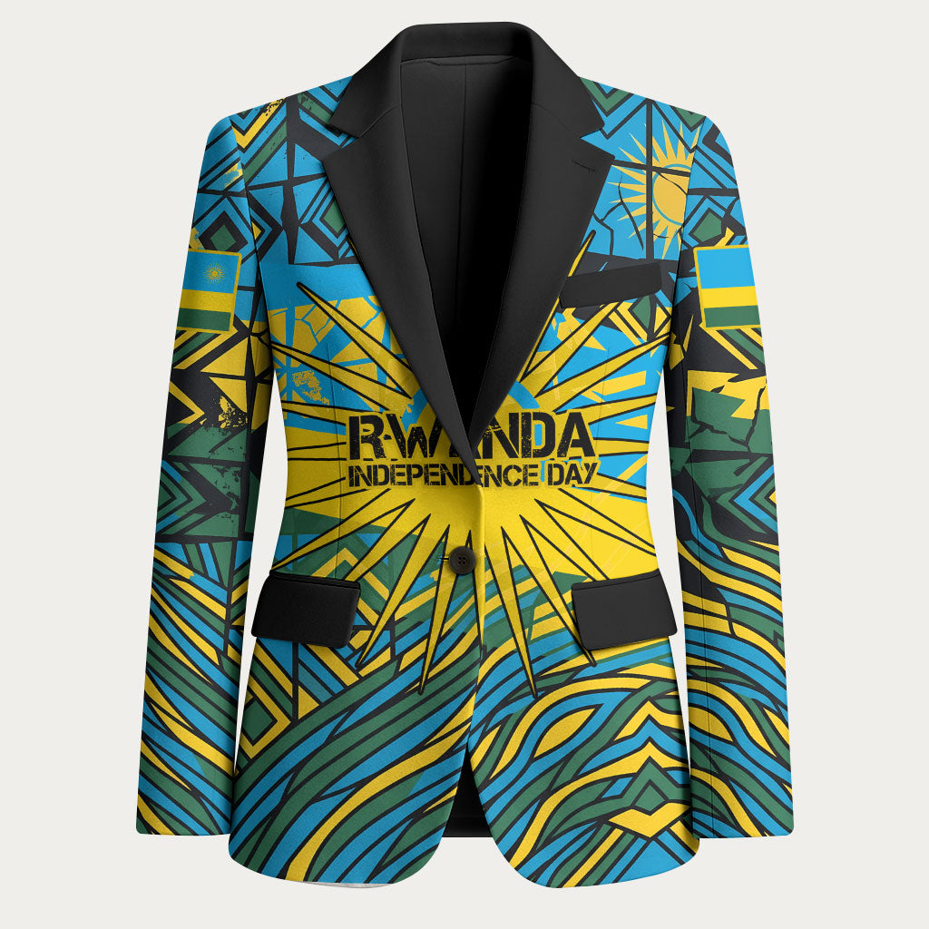 Rwanda Independence Day Blazer Tribal Geometric Pattern - National Coat Of Arms And Sunburst