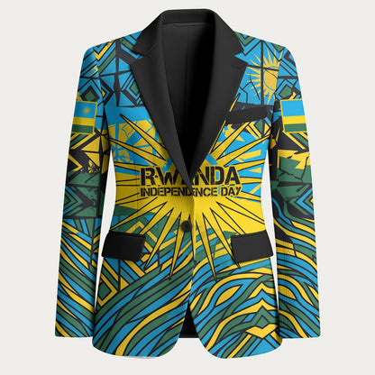 Rwanda Independence Day Blazer Tribal Geometric Pattern - National Coat Of Arms And Sunburst