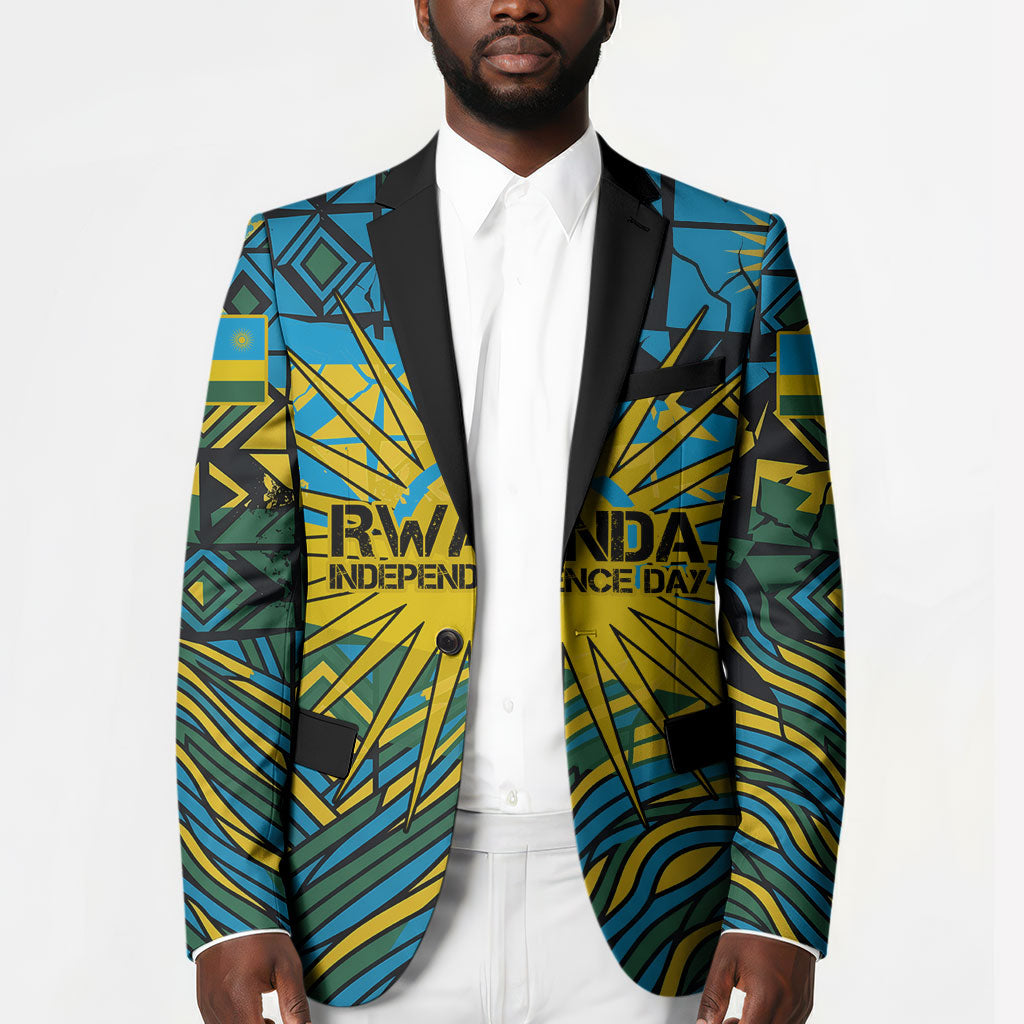 Rwanda Independence Day Blazer Tribal Geometric Pattern - National Coat Of Arms And Sunburst