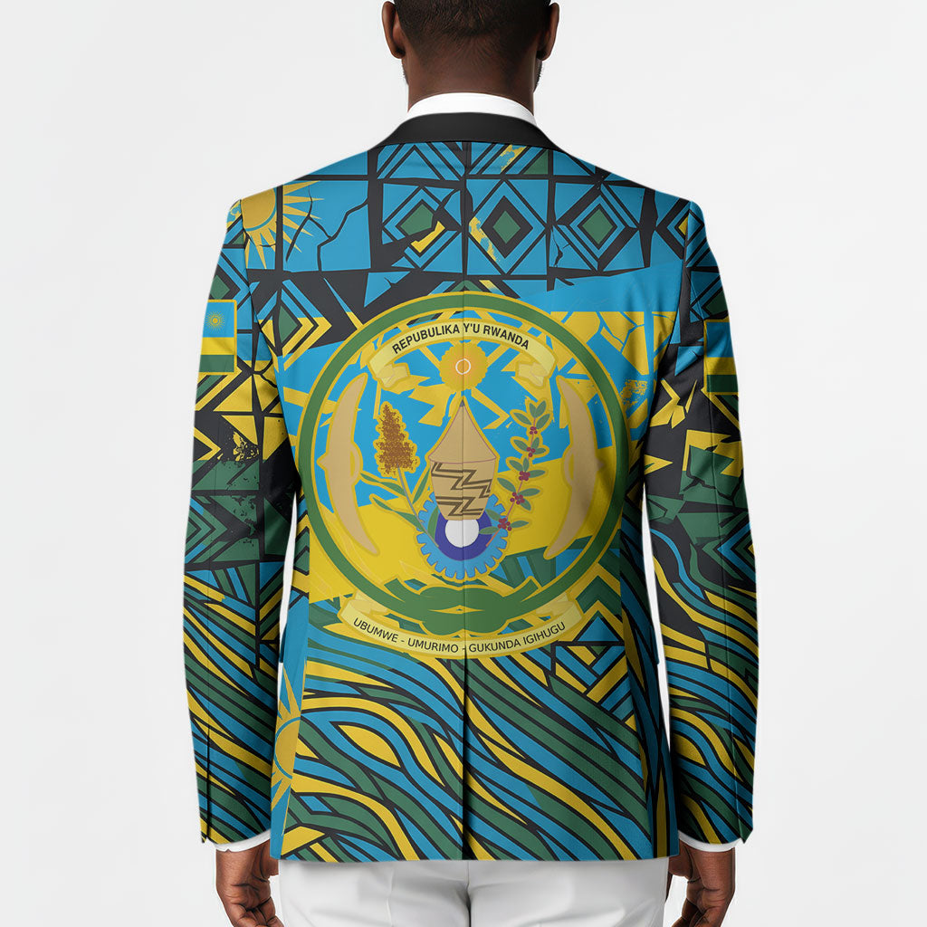 Rwanda Independence Day Blazer Tribal Geometric Pattern - National Coat Of Arms And Sunburst