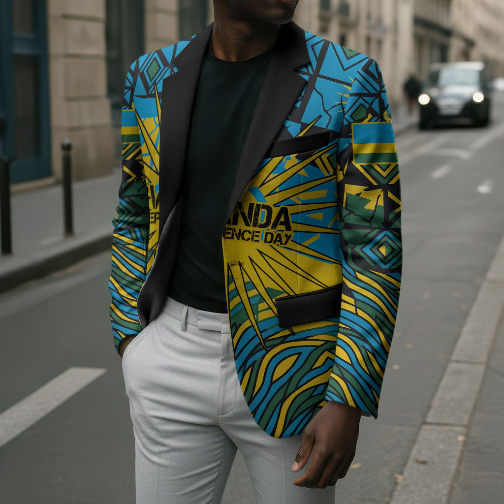 Rwanda Independence Day Blazer Tribal Geometric Pattern - National Coat Of Arms And Sunburst
