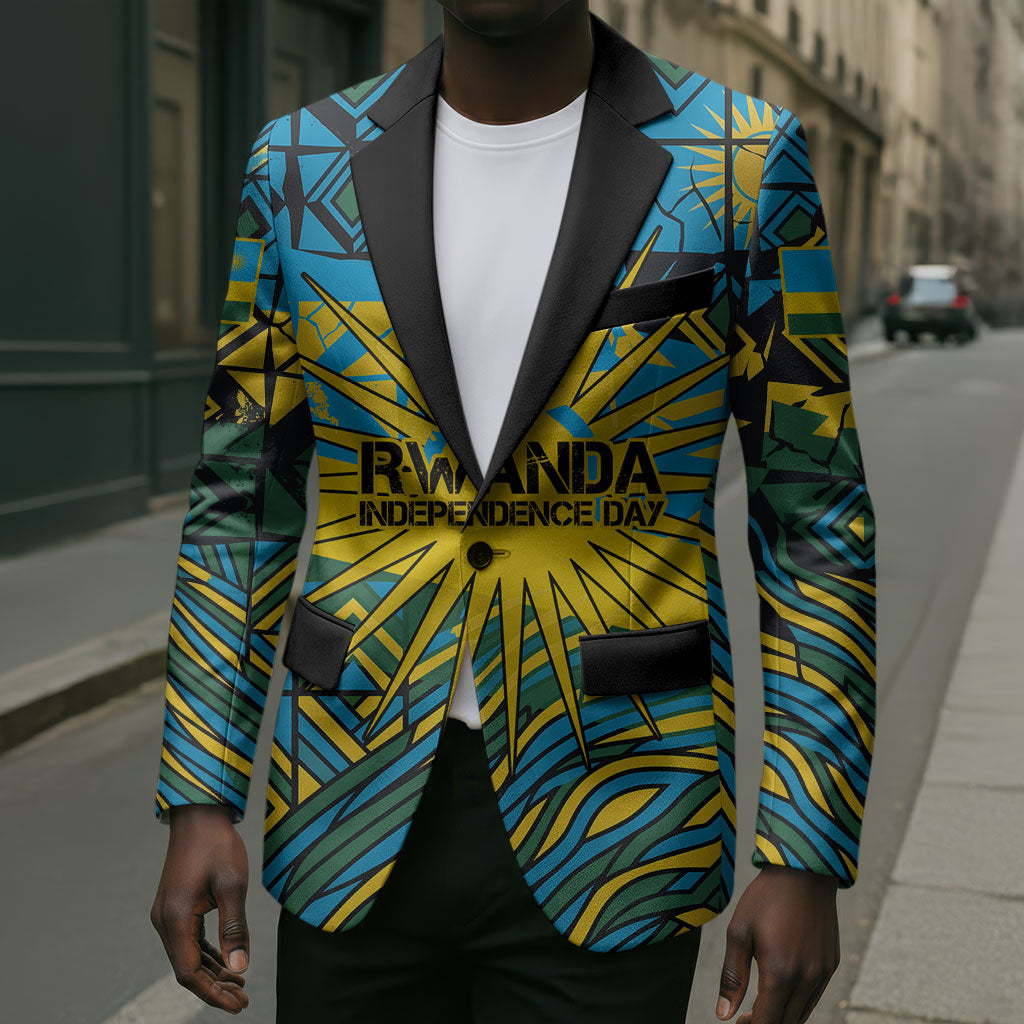 Rwanda Independence Day Blazer Tribal Geometric Pattern - National Coat Of Arms And Sunburst