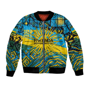 Rwanda Independence Day Bomber Jacket Tribal Geometric Pattern - National Coat Of Arms And Sunburst