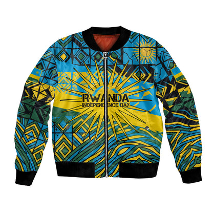 Rwanda Independence Day Bomber Jacket Tribal Geometric Pattern - National Coat Of Arms And Sunburst