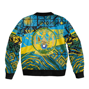 Rwanda Independence Day Bomber Jacket Tribal Geometric Pattern - National Coat Of Arms And Sunburst
