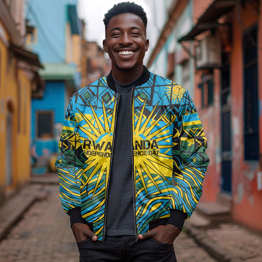 Rwanda Independence Day Bomber Jacket Tribal Geometric Pattern - National Coat Of Arms And Sunburst
