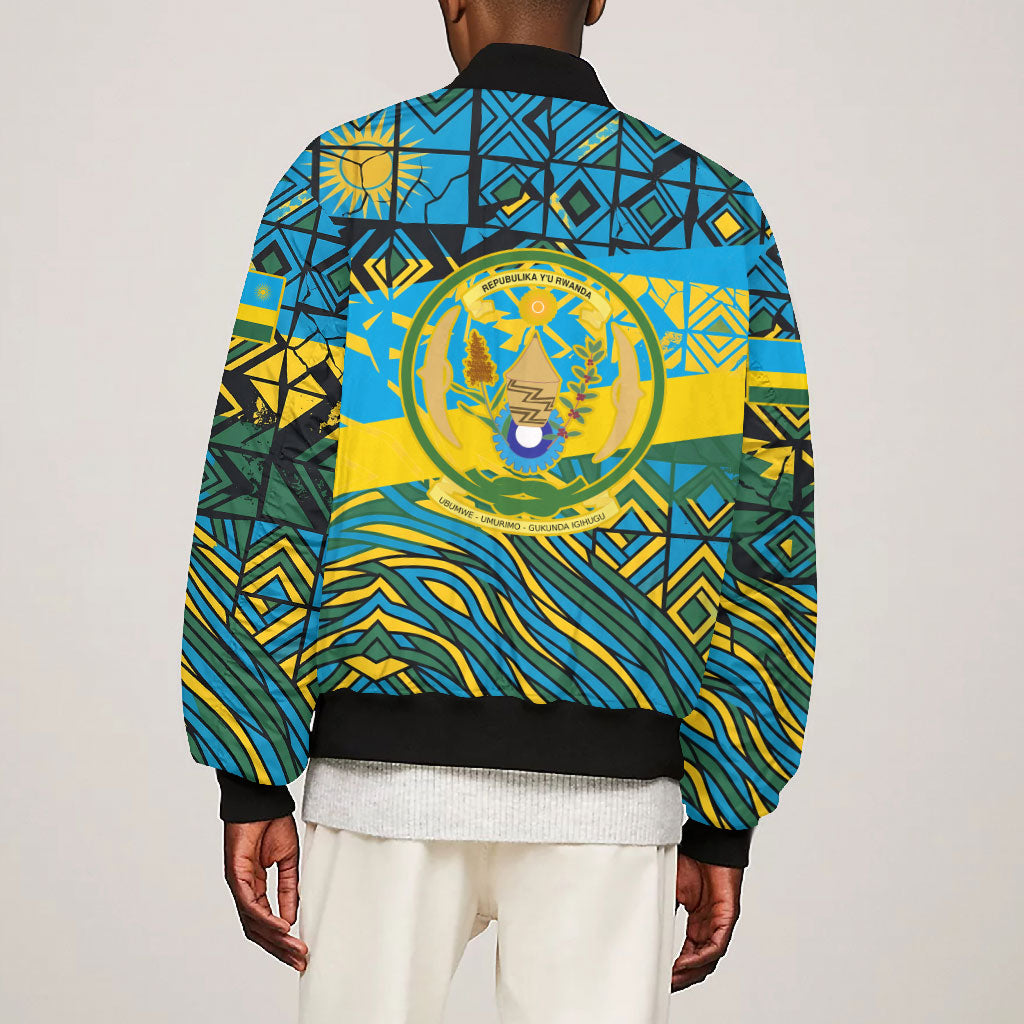 Rwanda Independence Day Bomber Jacket Tribal Geometric Pattern - National Coat Of Arms And Sunburst