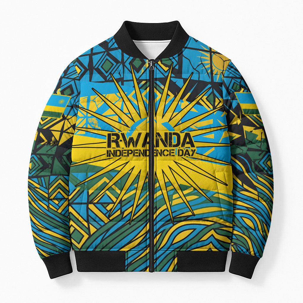 Rwanda Independence Day Bomber Puffer Jacket Tribal Geometric Pattern - National Coat Of Arms And Sunburst