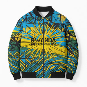 Rwanda Independence Day Bomber Puffer Jacket Tribal Geometric Pattern - National Coat Of Arms And Sunburst