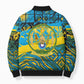 Rwanda Independence Day Bomber Puffer Jacket Tribal Geometric Pattern - National Coat Of Arms And Sunburst