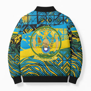 Rwanda Independence Day Bomber Puffer Jacket Tribal Geometric Pattern - National Coat Of Arms And Sunburst