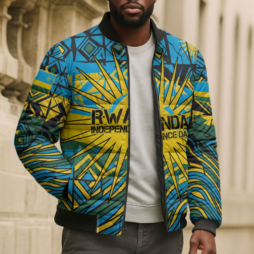 Rwanda Independence Day Bomber Puffer Jacket Tribal Geometric Pattern - National Coat Of Arms And Sunburst