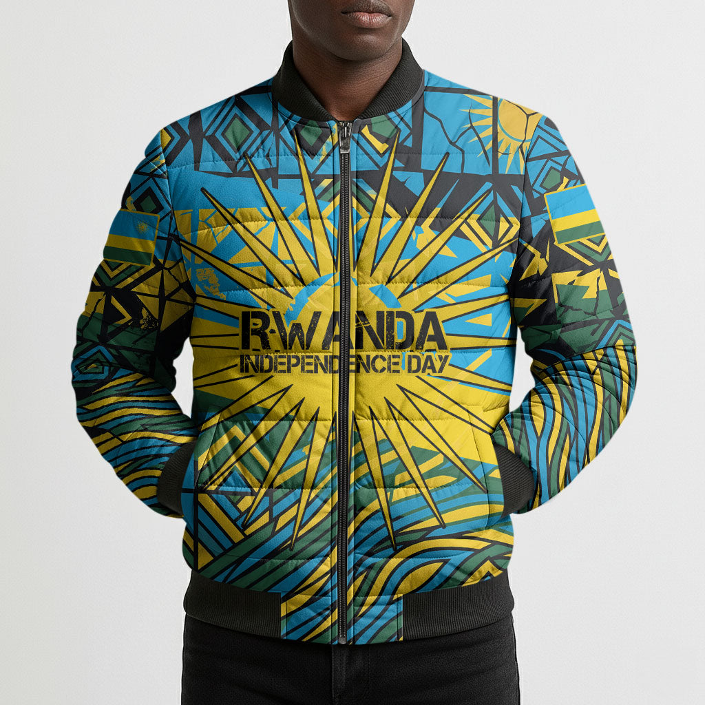 Rwanda Independence Day Bomber Puffer Jacket Tribal Geometric Pattern - National Coat Of Arms And Sunburst