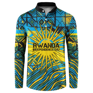 Rwanda Independence Day Button Sweatshirt Tribal Geometric Pattern - National Coat Of Arms And Sunburst