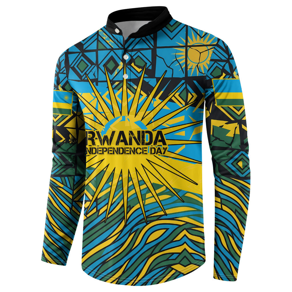Rwanda Independence Day Button Sweatshirt Tribal Geometric Pattern - National Coat Of Arms And Sunburst