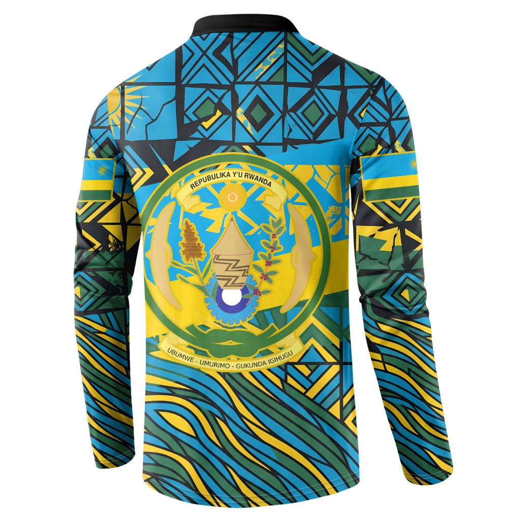 Rwanda Independence Day Button Sweatshirt Tribal Geometric Pattern - National Coat Of Arms And Sunburst