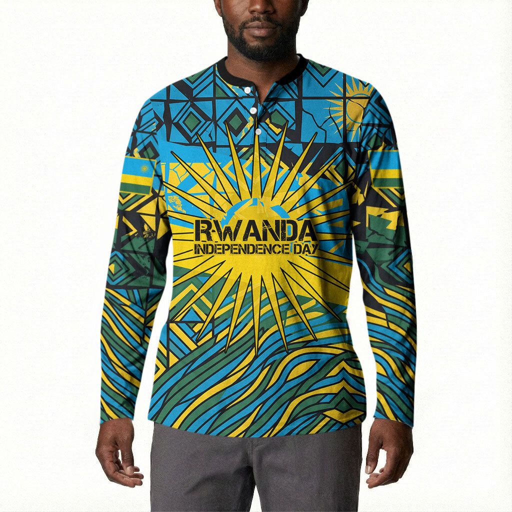 Rwanda Independence Day Button Sweatshirt Tribal Geometric Pattern - National Coat Of Arms And Sunburst