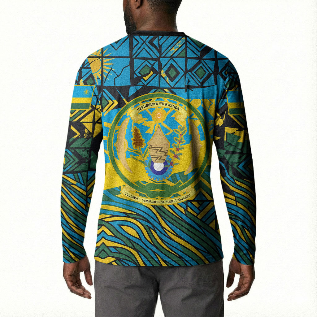 Rwanda Independence Day Button Sweatshirt Tribal Geometric Pattern - National Coat Of Arms And Sunburst