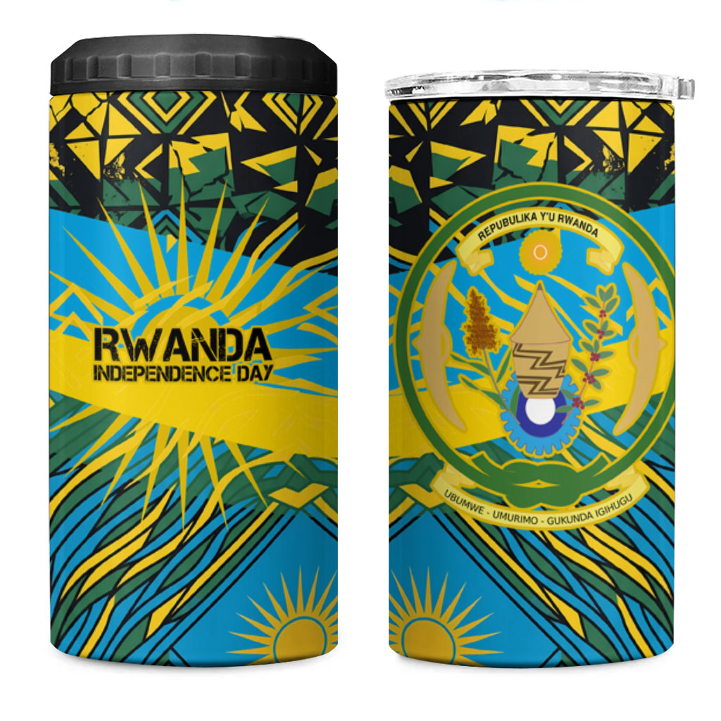Rwanda Independence Day 4 in 1 Can Cooler Tumbler Tribal Geometric Pattern - National Coat Of Arms And Sunburst