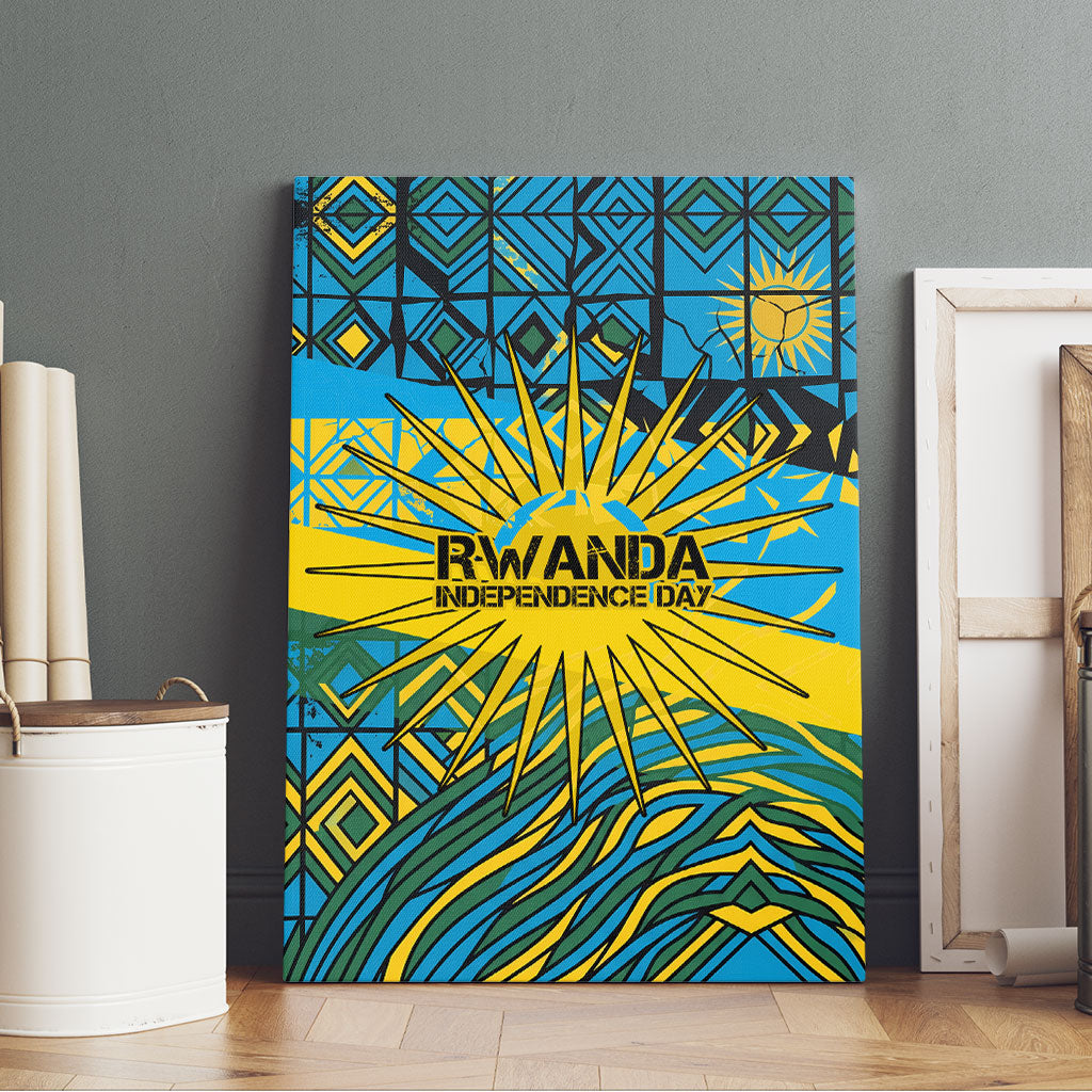 Rwanda Independence Day Canvas Wall Art Tribal Geometric Pattern - National Coat Of Arms And Sunburst
