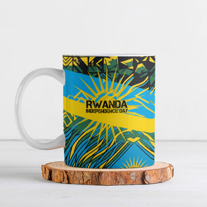 Rwanda Independence Day Ceramic Mug Tribal Geometric Pattern - National Coat Of Arms And Sunburst