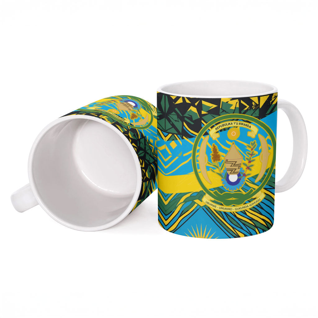 Rwanda Independence Day Ceramic Mug Tribal Geometric Pattern - National Coat Of Arms And Sunburst