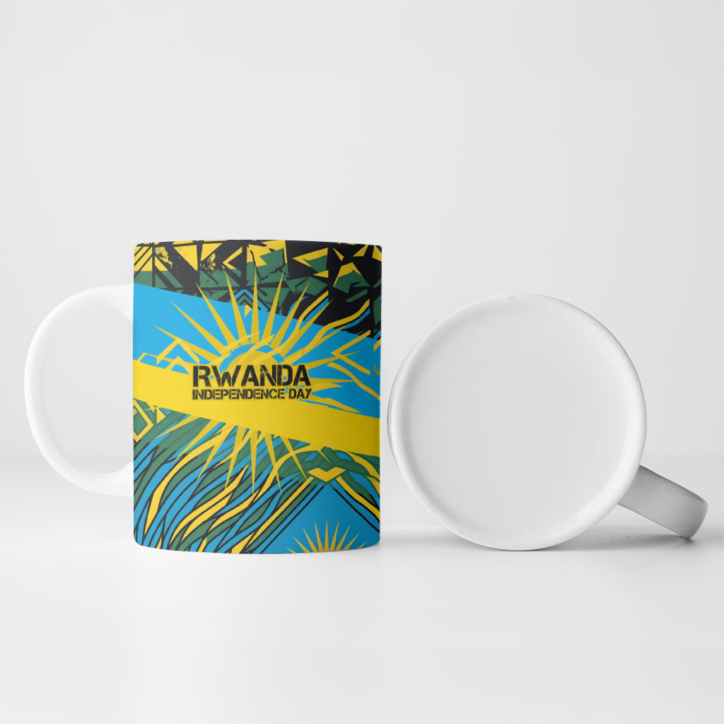 Rwanda Independence Day Ceramic Mug Tribal Geometric Pattern - National Coat Of Arms And Sunburst