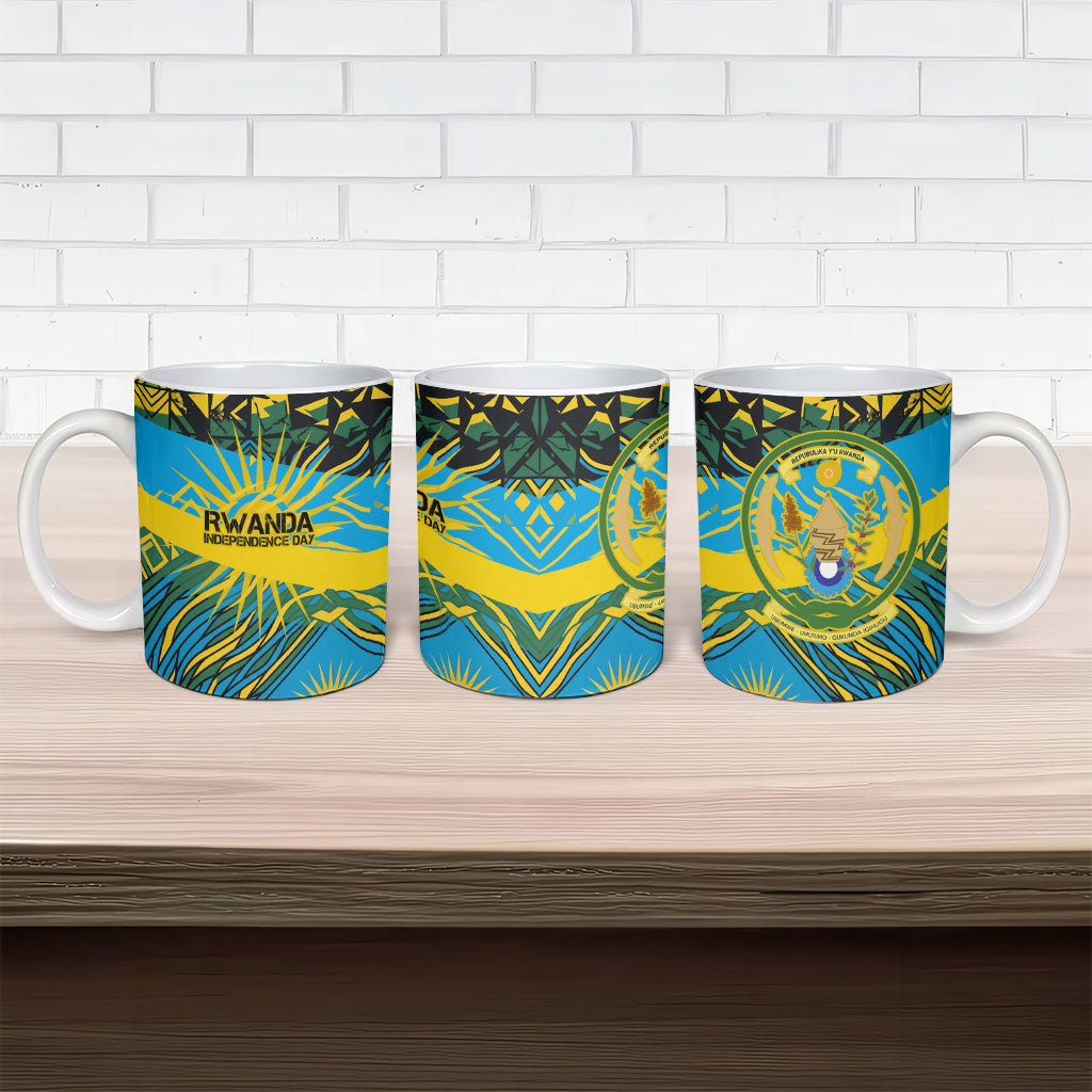 Rwanda Independence Day Ceramic Mug Tribal Geometric Pattern - National Coat Of Arms And Sunburst