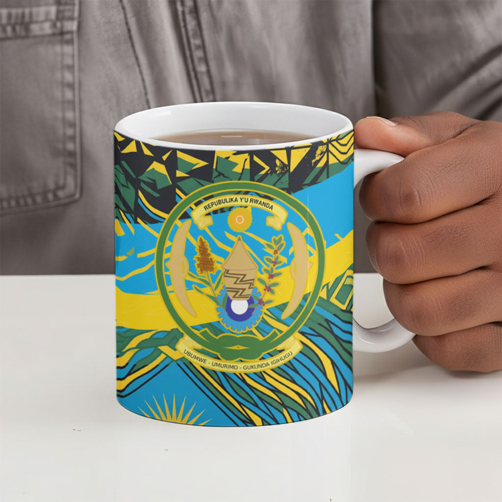 Rwanda Independence Day Ceramic Mug Tribal Geometric Pattern - National Coat Of Arms And Sunburst